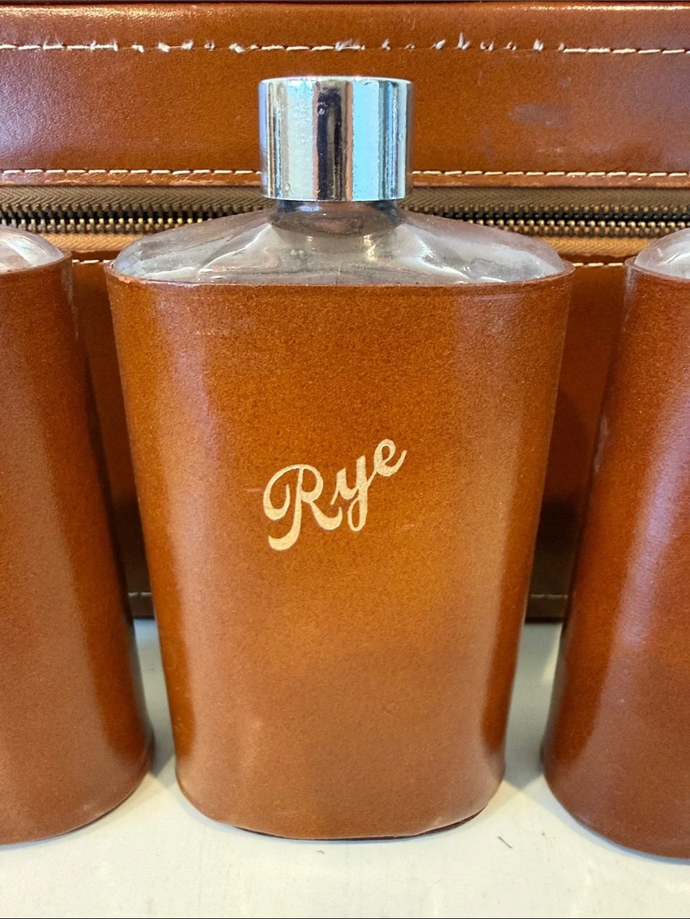 Vintage Leather Travel Bar Flask Case by Tommy Traveler